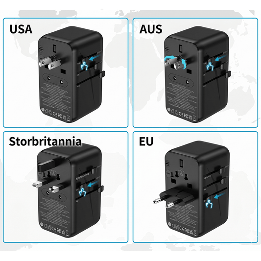 100W Universal Travel Adapter, 5-i-1 GaN internasjonal strømadapter