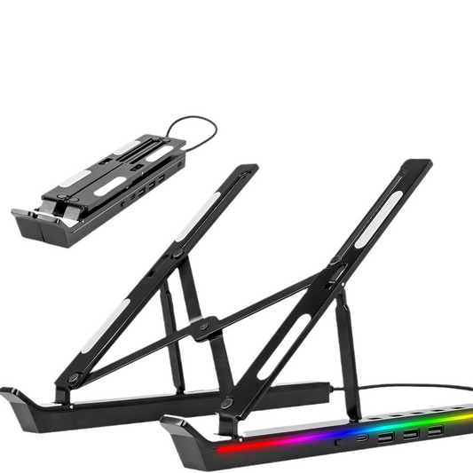 RGB Laptop Stand with USB Hub – Sammenleggbart aluminiumsstativ med 4-ports USB 2.0-hub og RGB-belysning