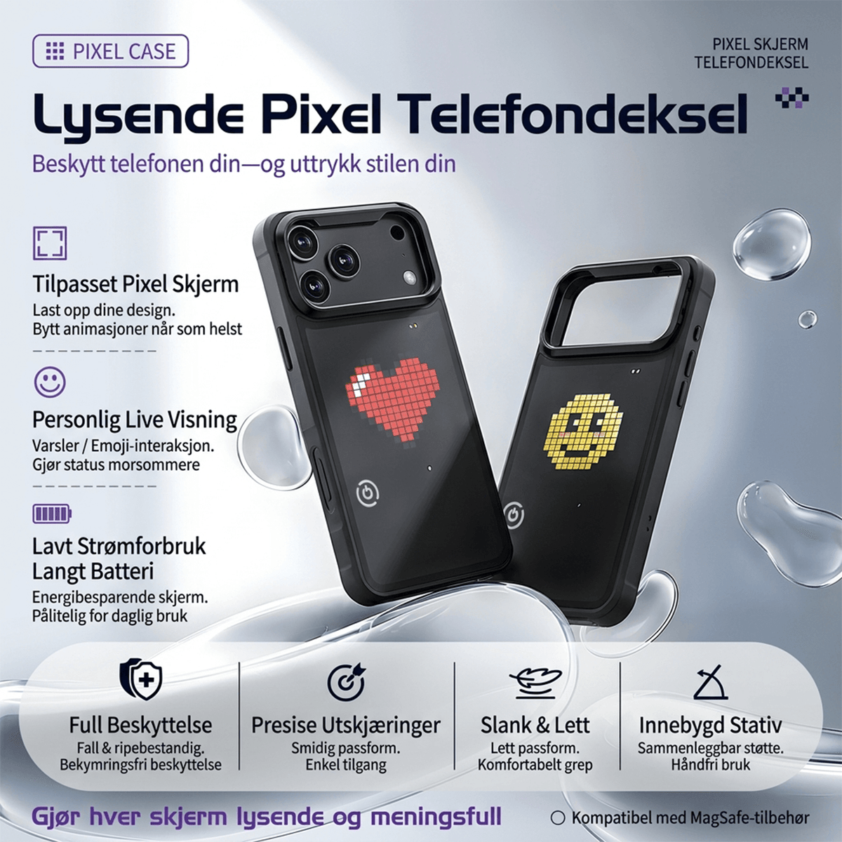 LUMIPIX Bluetooth-kompatibelt LED Pixel-deksel med fotstøtte for Apple iPhone