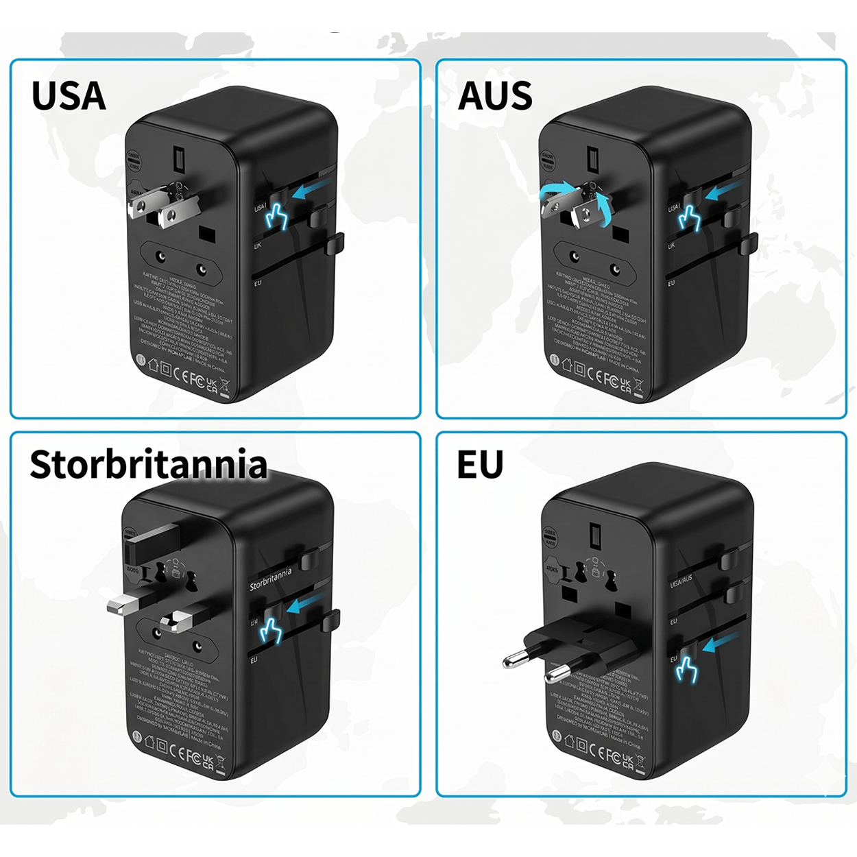 100W Universal Travel Adapter, 5-i-1 GaN internasjonal strømadapter