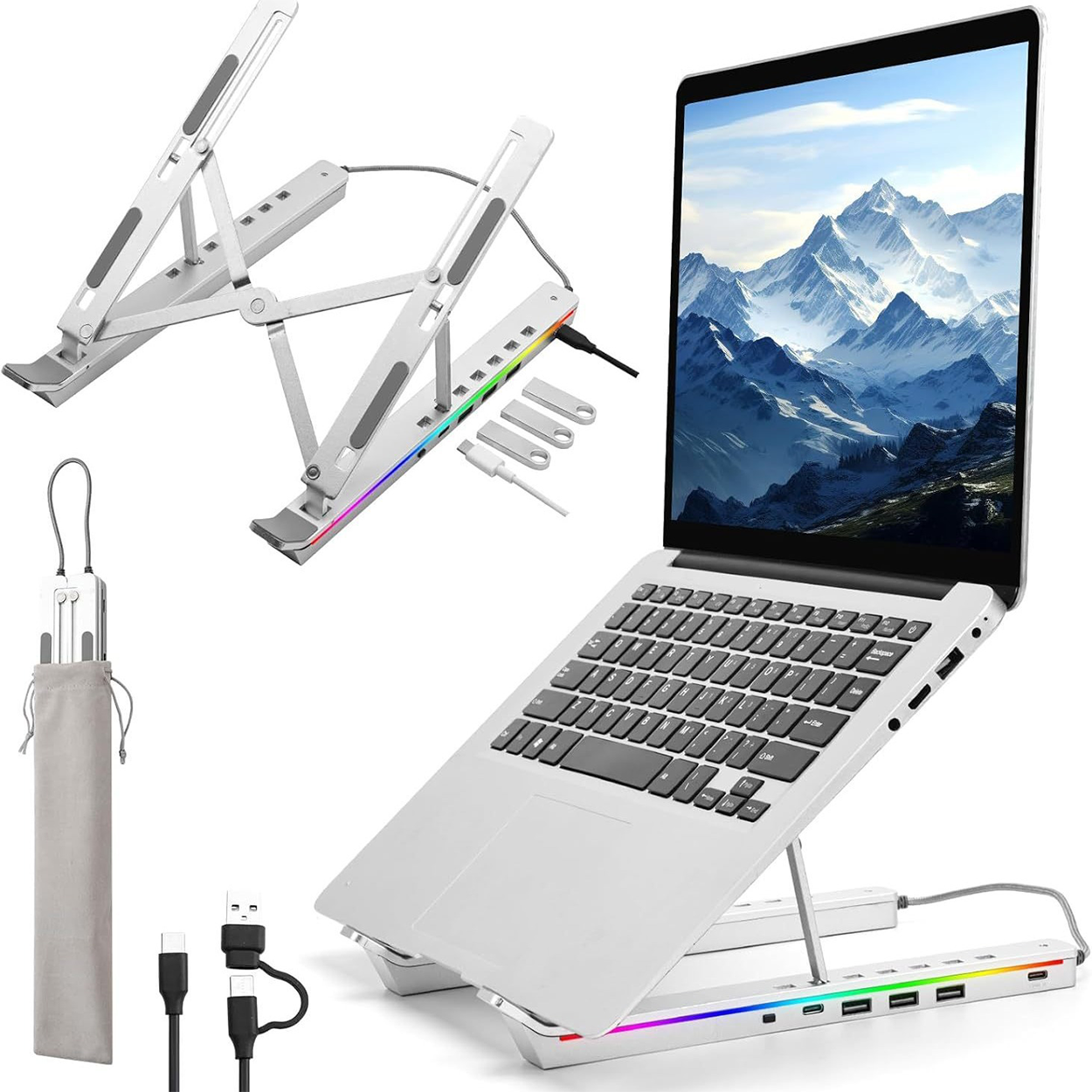 RGB Laptop Stand with USB Hub – Sammenleggbart aluminiumsstativ med 4-ports USB 2.0-hub og RGB-belysning