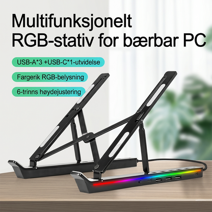 RGB Laptop Stand with USB Hub – Sammenleggbart aluminiumsstativ med 4-ports USB 2.0-hub og RGB-belysning