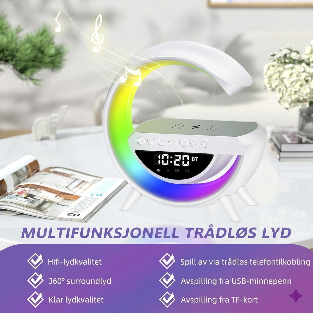 AWH G-Form trådløs ladelamp med høyttaler og vekkerklokke
