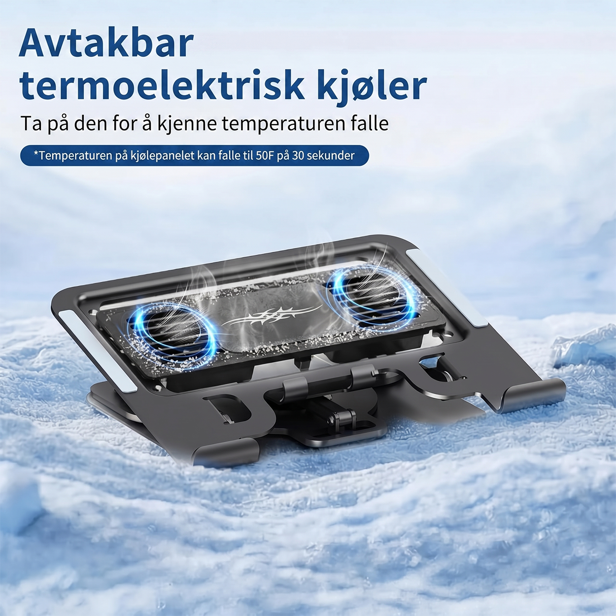 Bærebar kjølingsplate og stativ med termoelektrisk kjøler, 2-i-1 med telefonstativ, 360° roterbar base