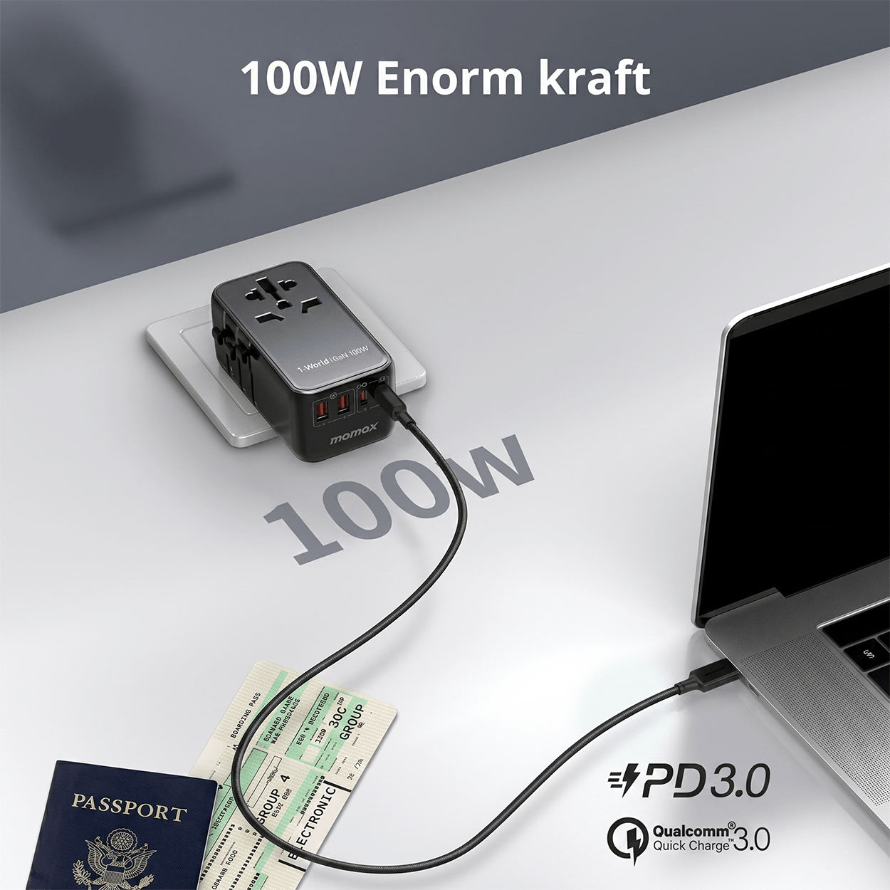 100W Universal Travel Adapter, 5-i-1 GaN internasjonal strømadapter