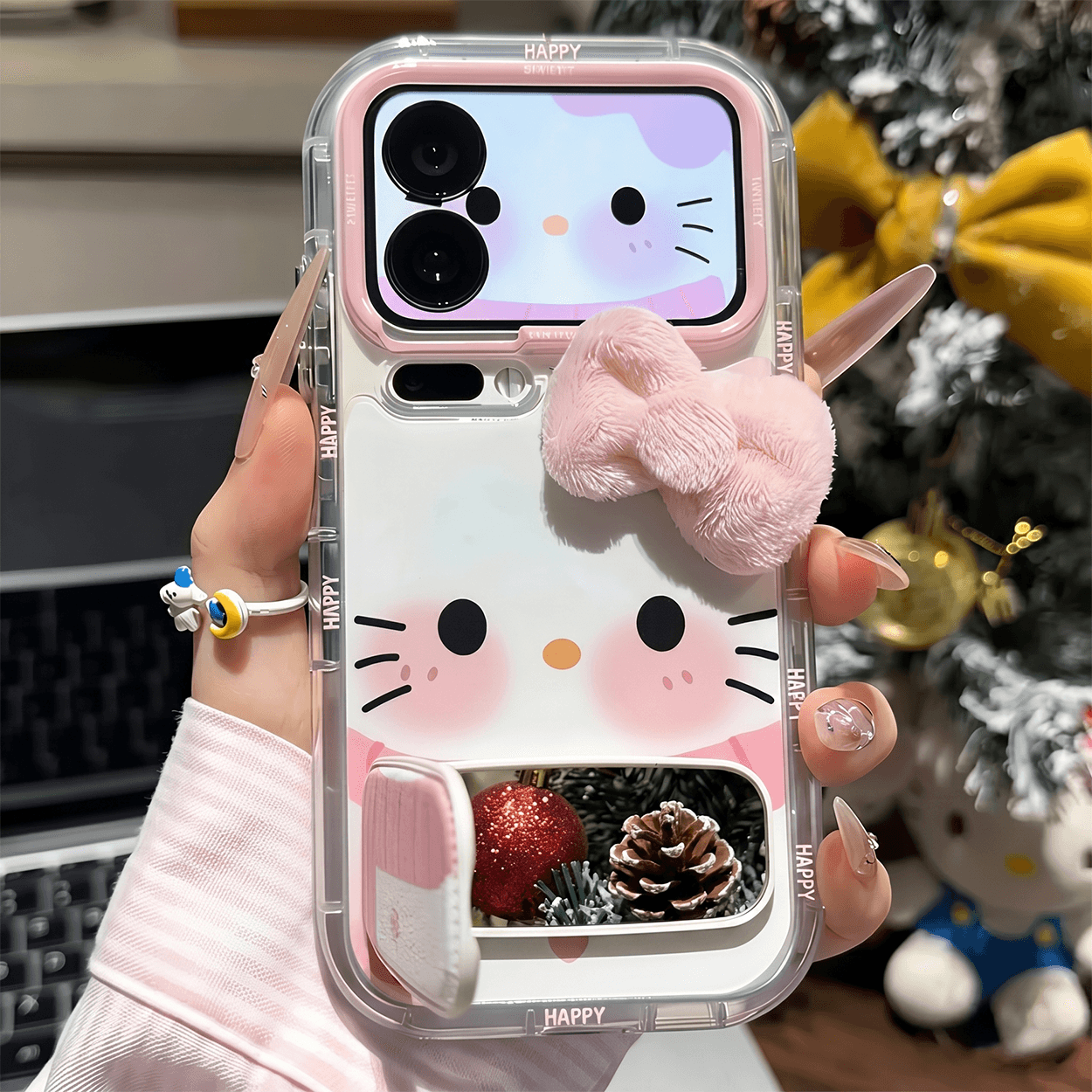 MiraLume iPhone-deksel med Pom-Pom og Speilstativ