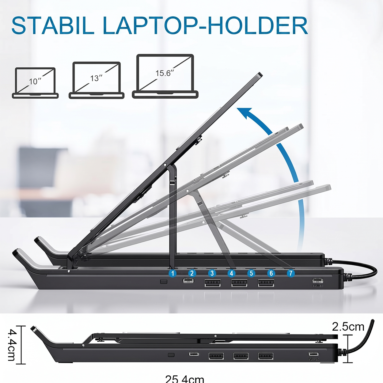 RGB Laptop Stand with USB Hub – Sammenleggbart aluminiumsstativ med 4-ports USB 2.0-hub og RGB-belysning