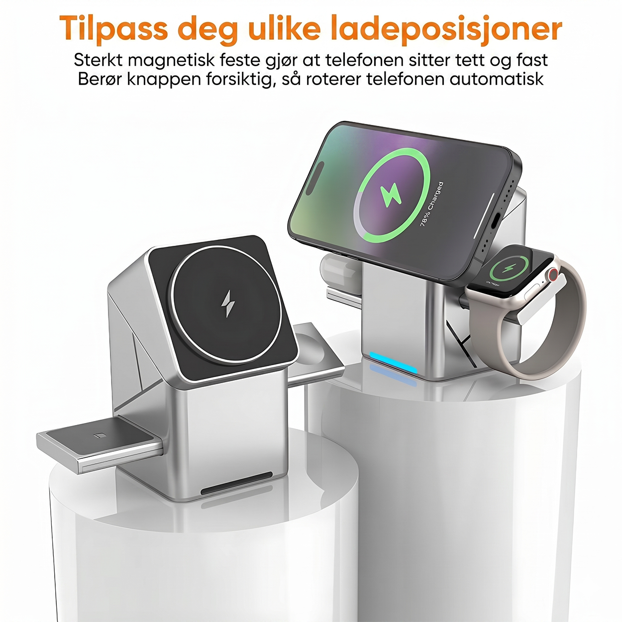 3-in-1 trådløs ladestasjon med 180° automatisk rotasjon