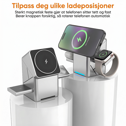 3-in-1 trådløs ladestasjon med 180° automatisk rotasjon