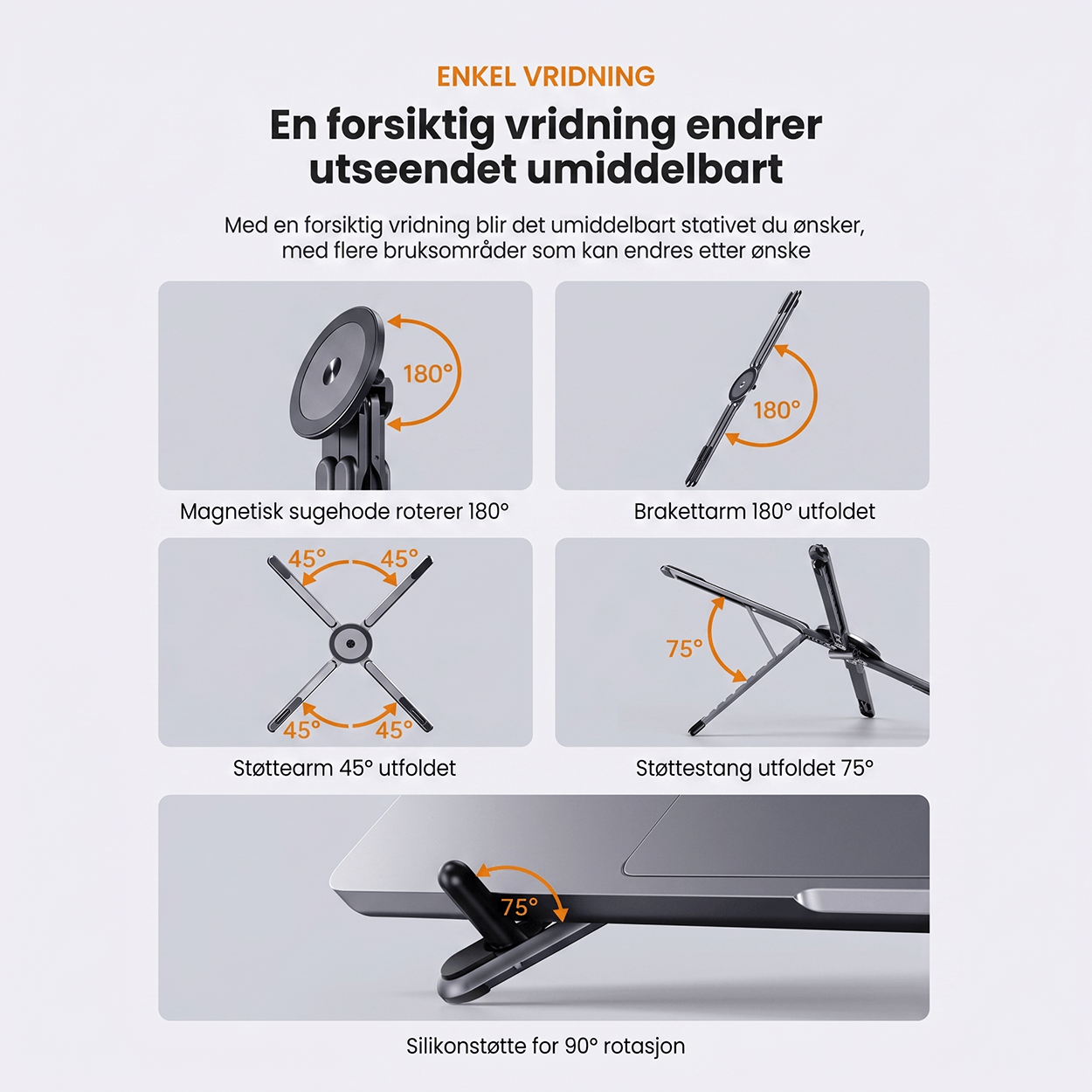Sammenleggbart magnetisk stativ for telefon, nettbrett og laptop