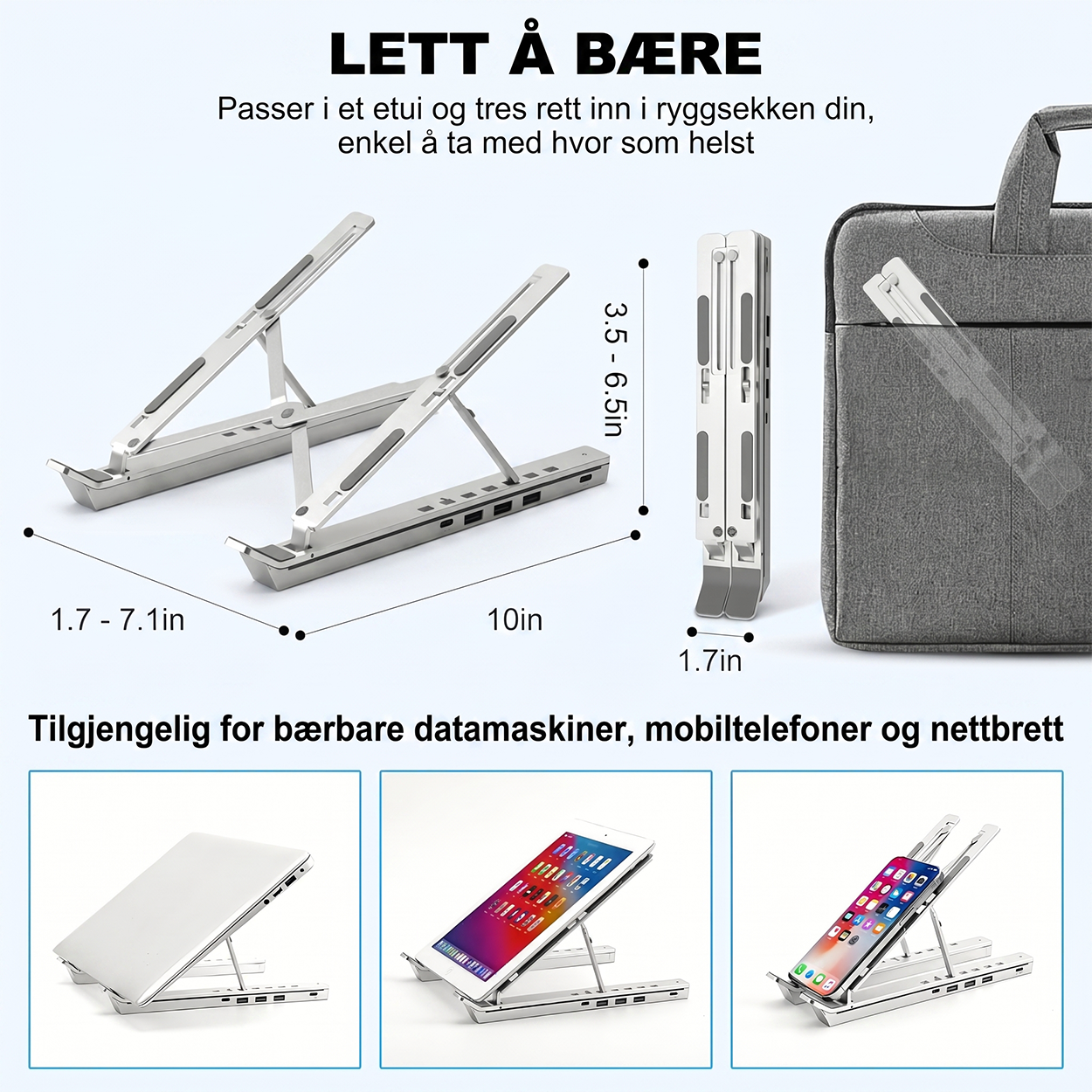 RGB Laptop Stand with USB Hub – Sammenleggbart aluminiumsstativ med 4-ports USB 2.0-hub og RGB-belysning