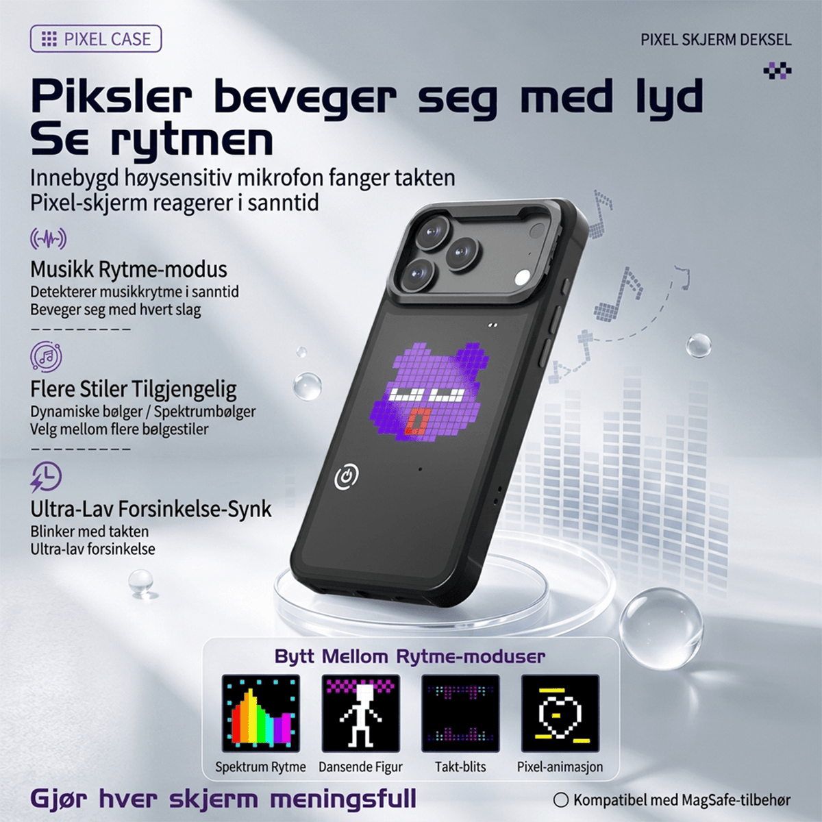 LUMIPIX Bluetooth-kompatibelt LED Pixel-deksel med fotstøtte for Apple iPhone