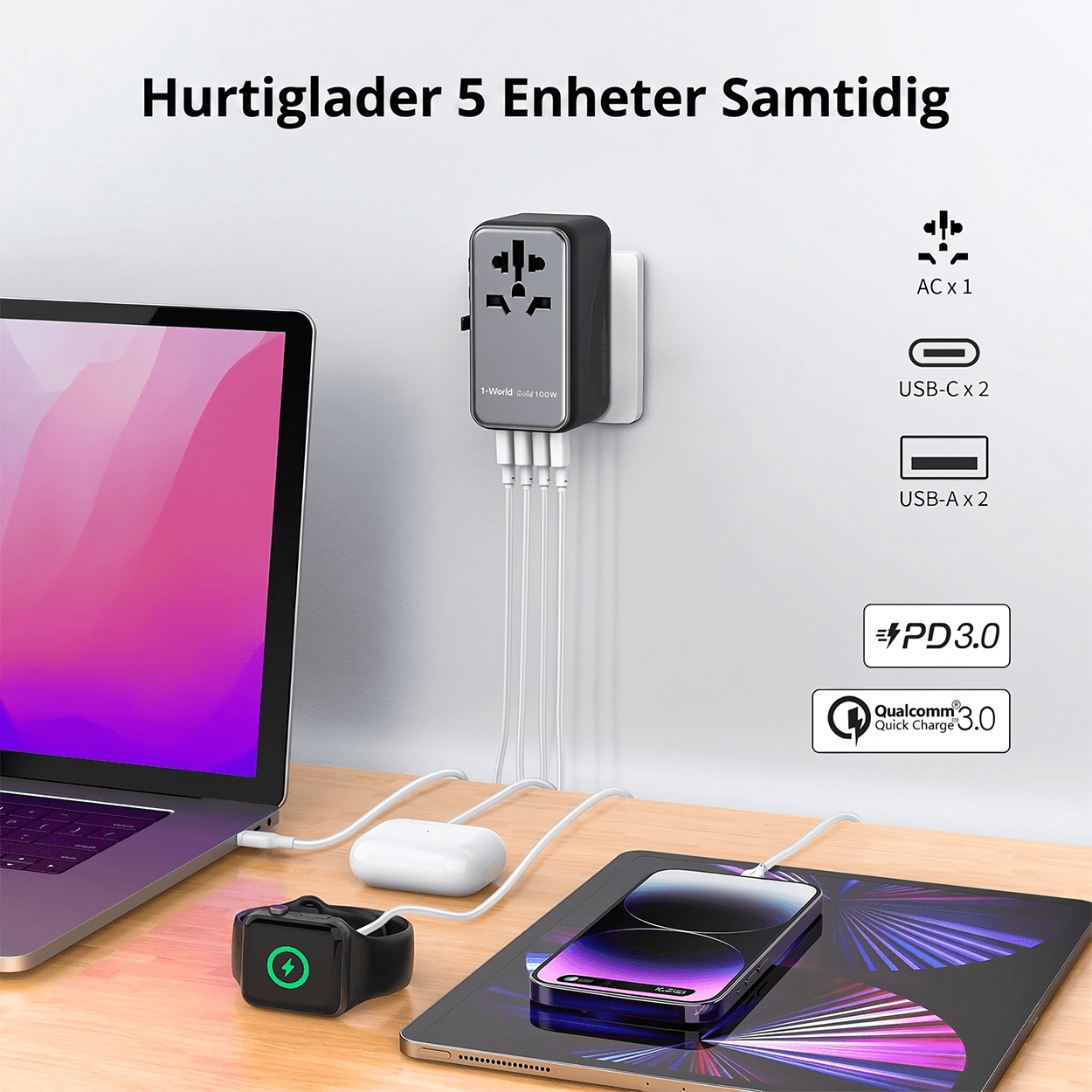 100W Universal Travel Adapter, 5-i-1 GaN internasjonal strømadapter