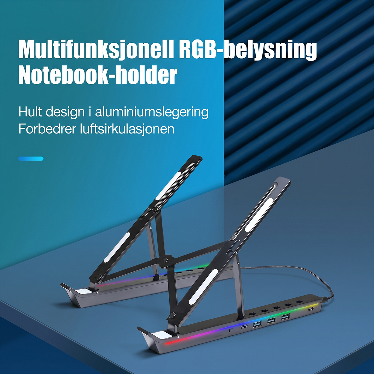 RGB Laptop Stand with USB Hub – Sammenleggbart aluminiumsstativ med 4-ports USB 2.0-hub og RGB-belysning