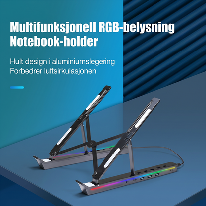 RGB Laptop Stand with USB Hub – Sammenleggbart aluminiumsstativ med 4-ports USB 2.0-hub og RGB-belysning
