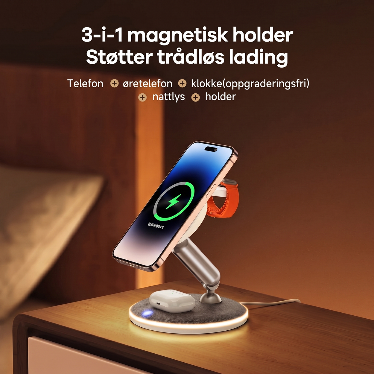 3-i-1 magnetisk trådløs ladestasjon