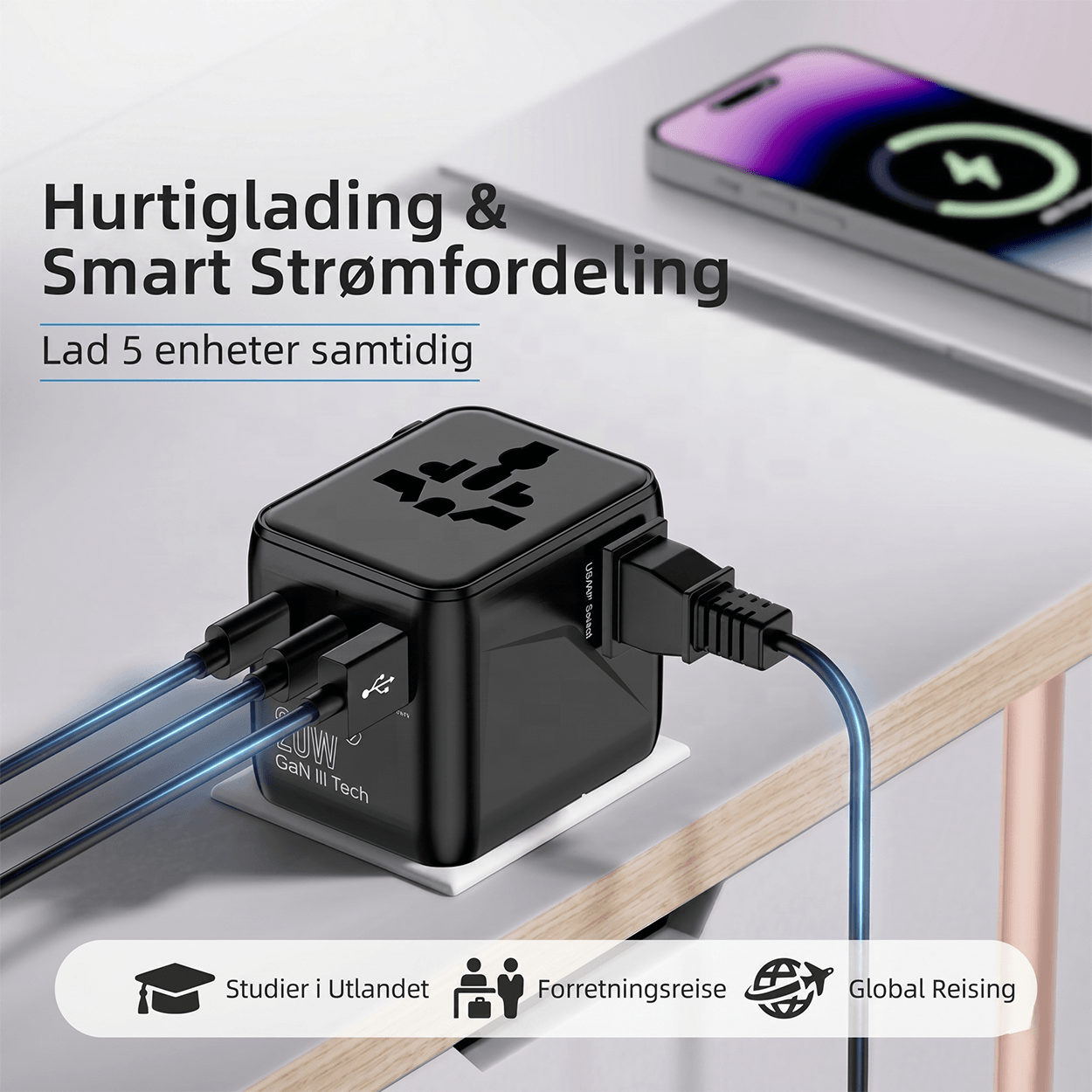 Universal Travel Plug Adapter 1005DC – 25W PD GaN Alt-i-ett universell reiseadapter