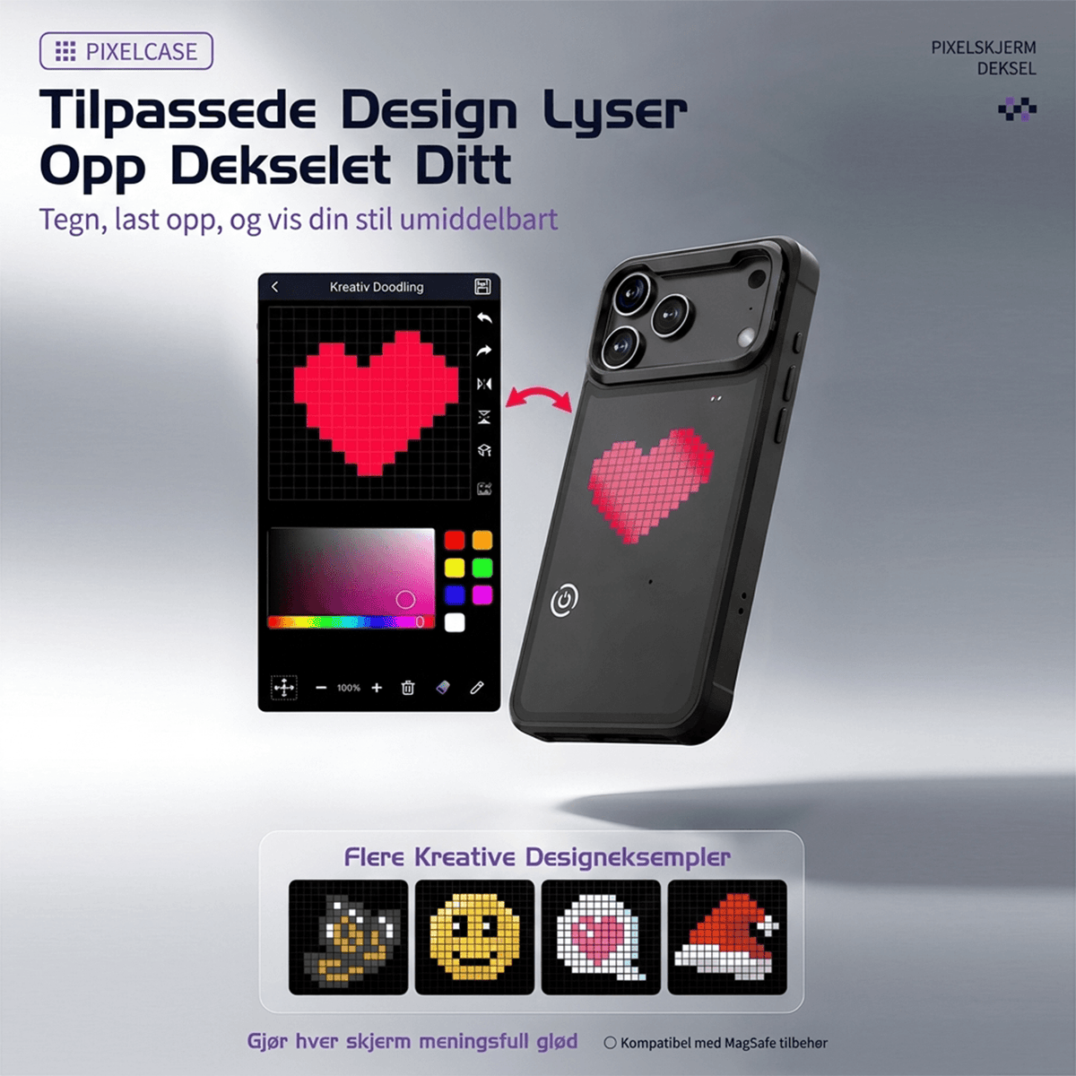 LUMIPIX Bluetooth-kompatibelt LED Pixel-deksel med fotstøtte for Apple iPhone