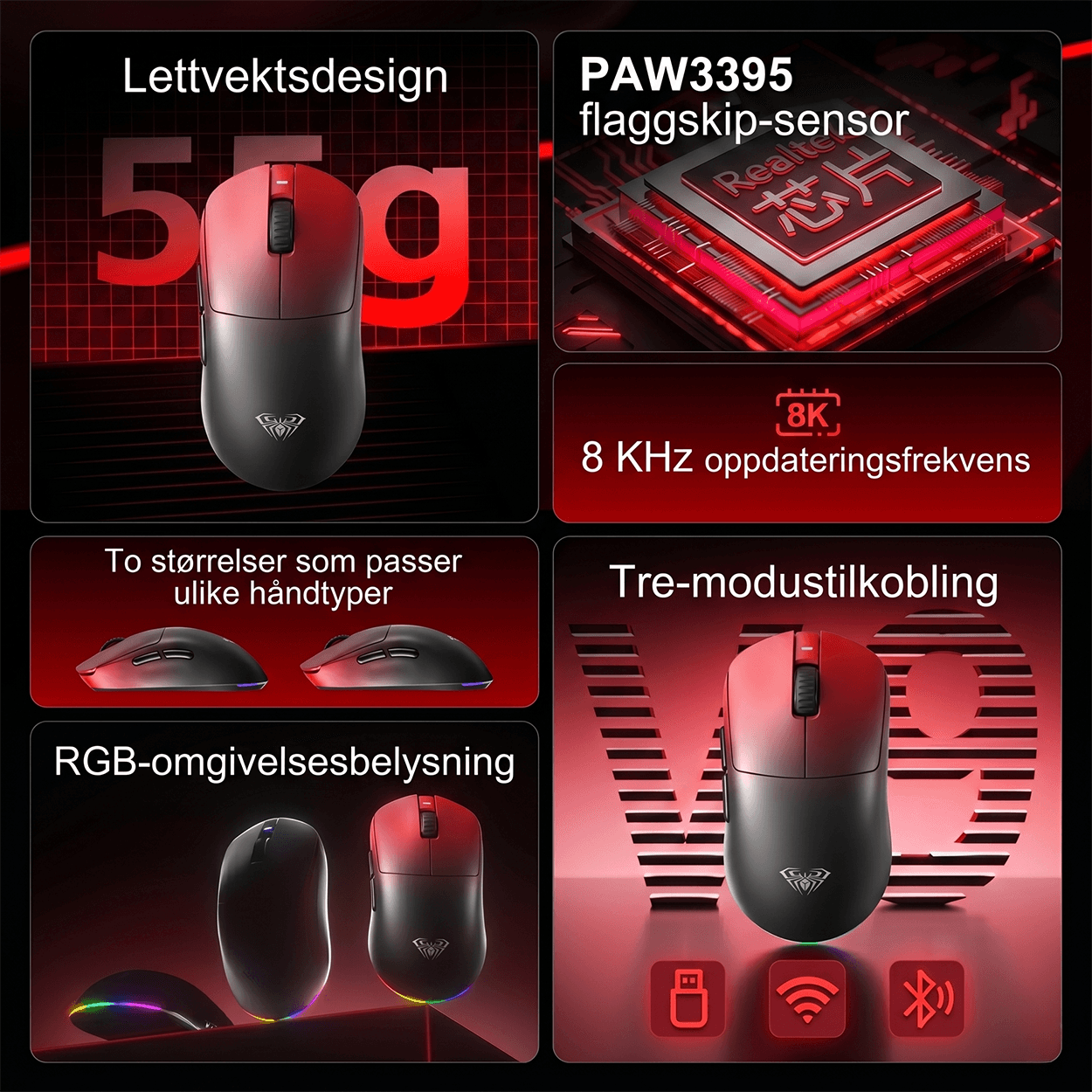 AULA V9 MAX trådløs spillmus med tre tilkoblingsmoduser
