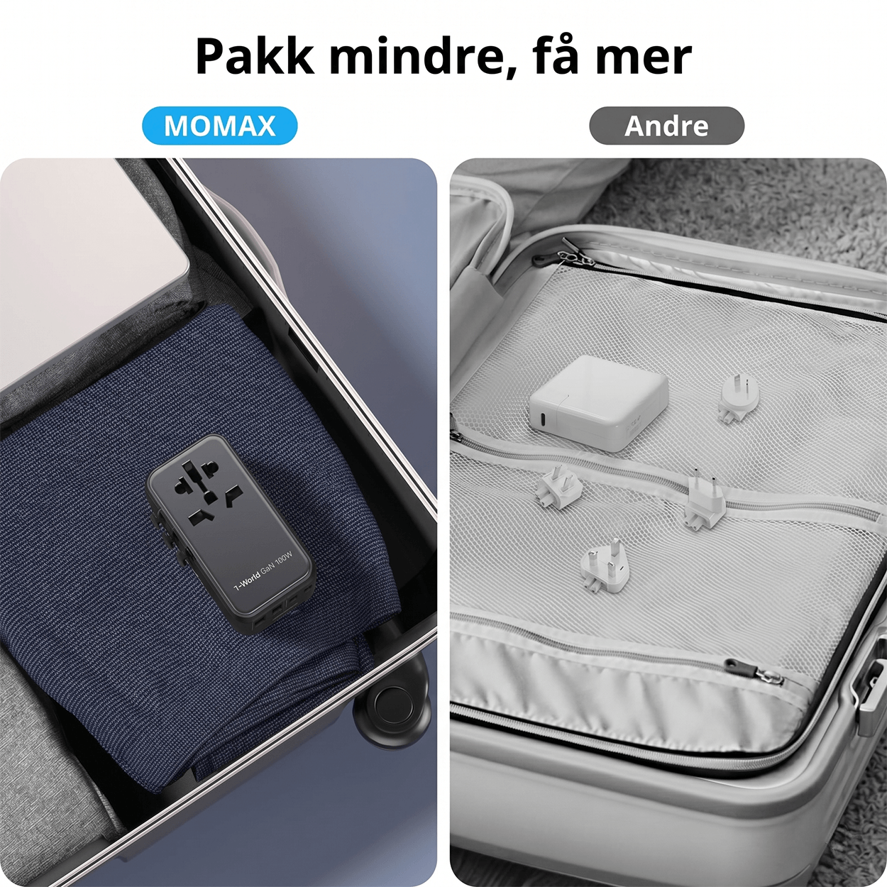 100W Universal Travel Adapter, 5-i-1 GaN internasjonal strømadapter
