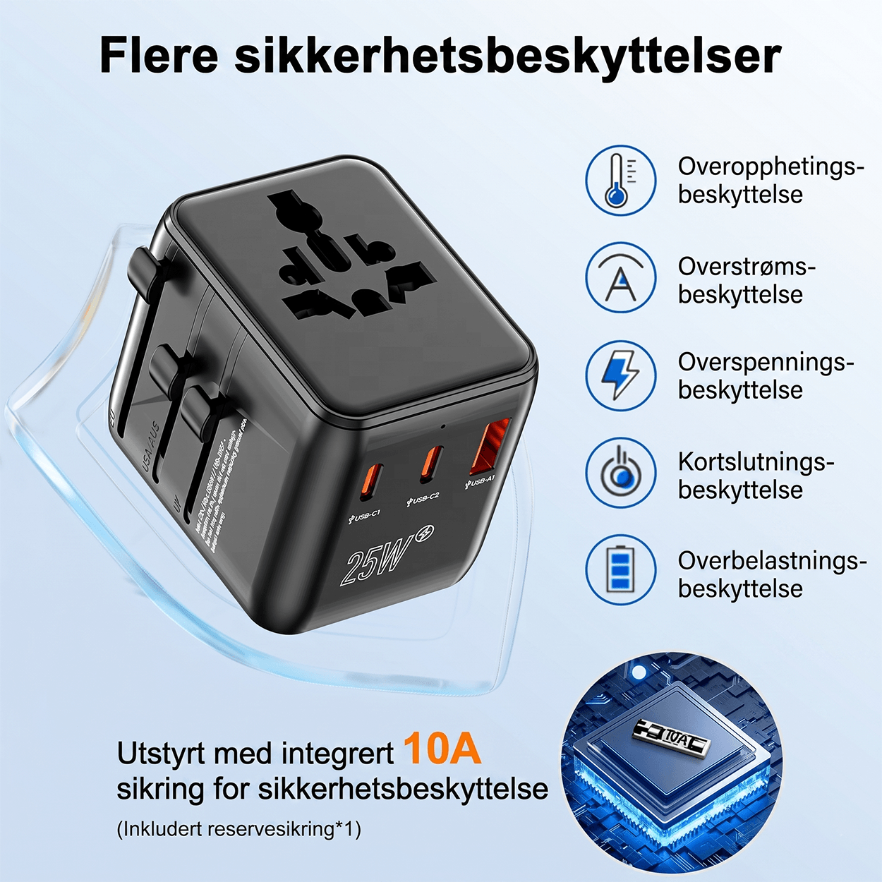 Universal Travel Plug Adapter 1005DC – 25W PD GaN Alt-i-ett universell reiseadapter