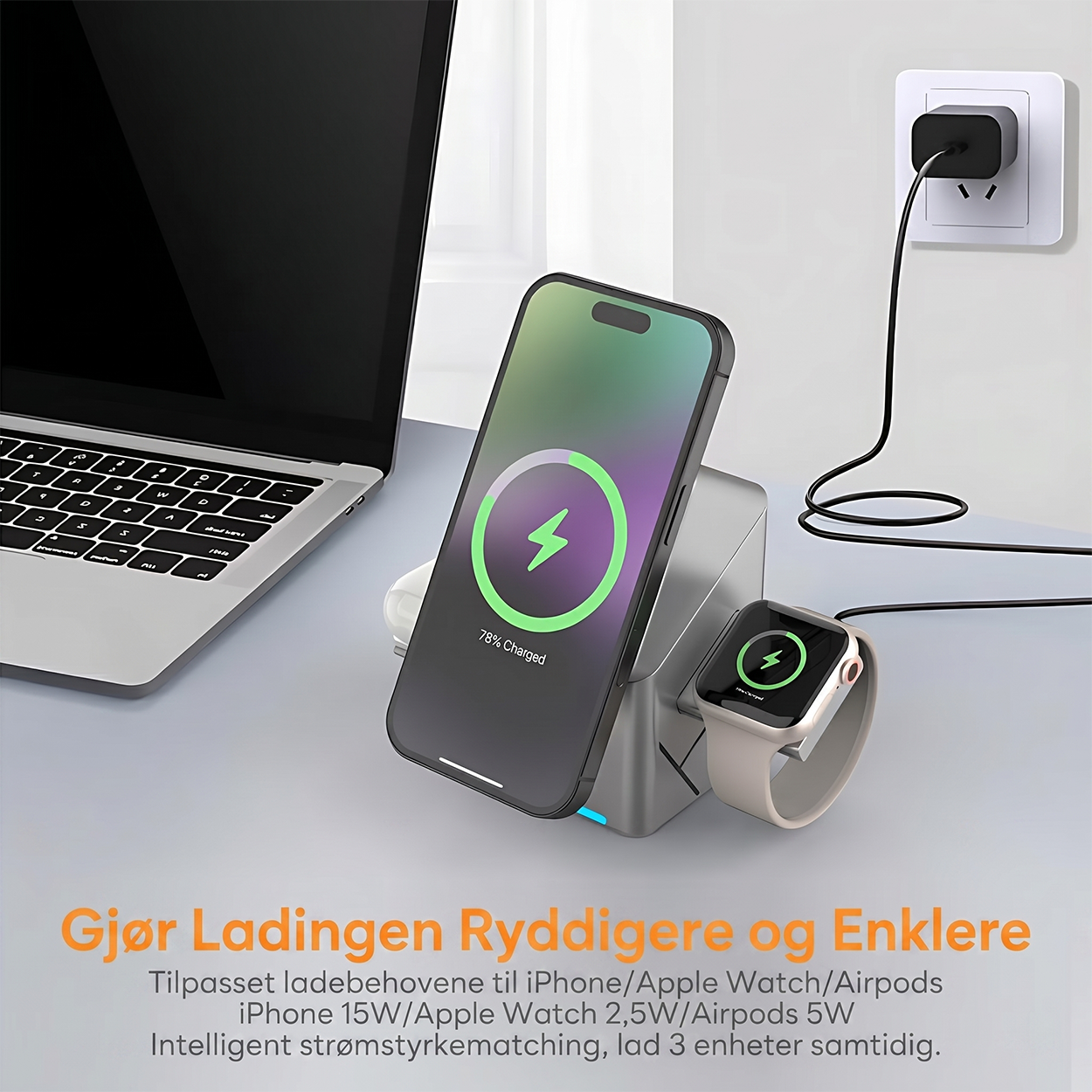 3-in-1 trådløs ladestasjon med 180° automatisk rotasjon
