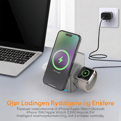 3-in-1 trådløs ladestasjon med 180° automatisk rotasjon