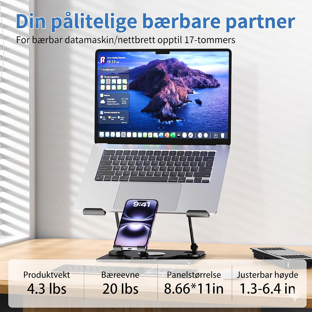 Bærebar kjølingsplate og stativ med termoelektrisk kjøler, 2-i-1 med telefonstativ, 360° roterbar base