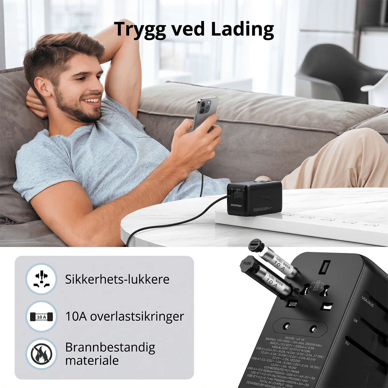 100W Universal Travel Adapter, 5-i-1 GaN internasjonal strømadapter