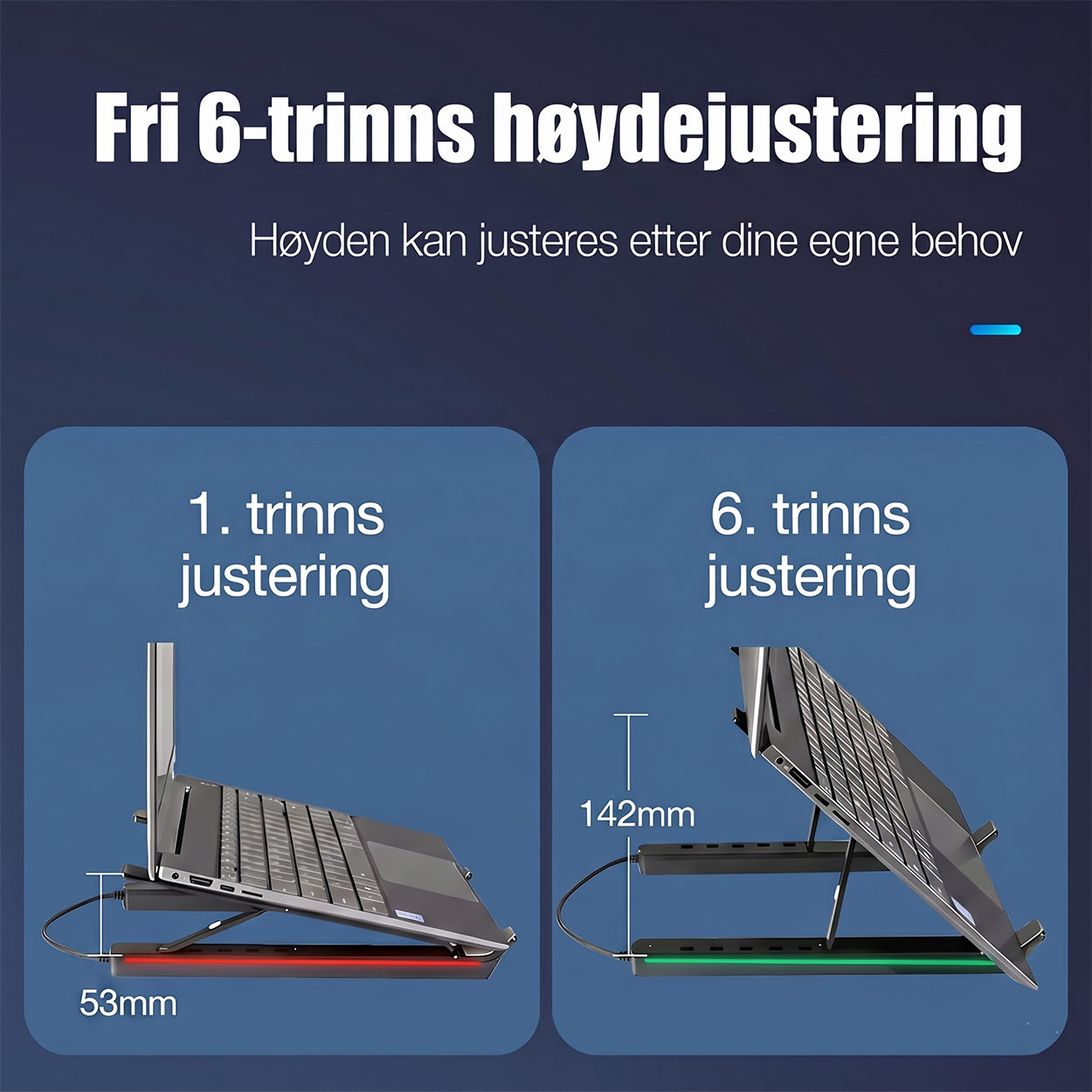 RGB Laptop Stand with USB Hub – Sammenleggbart aluminiumsstativ med 4-ports USB 2.0-hub og RGB-belysning
