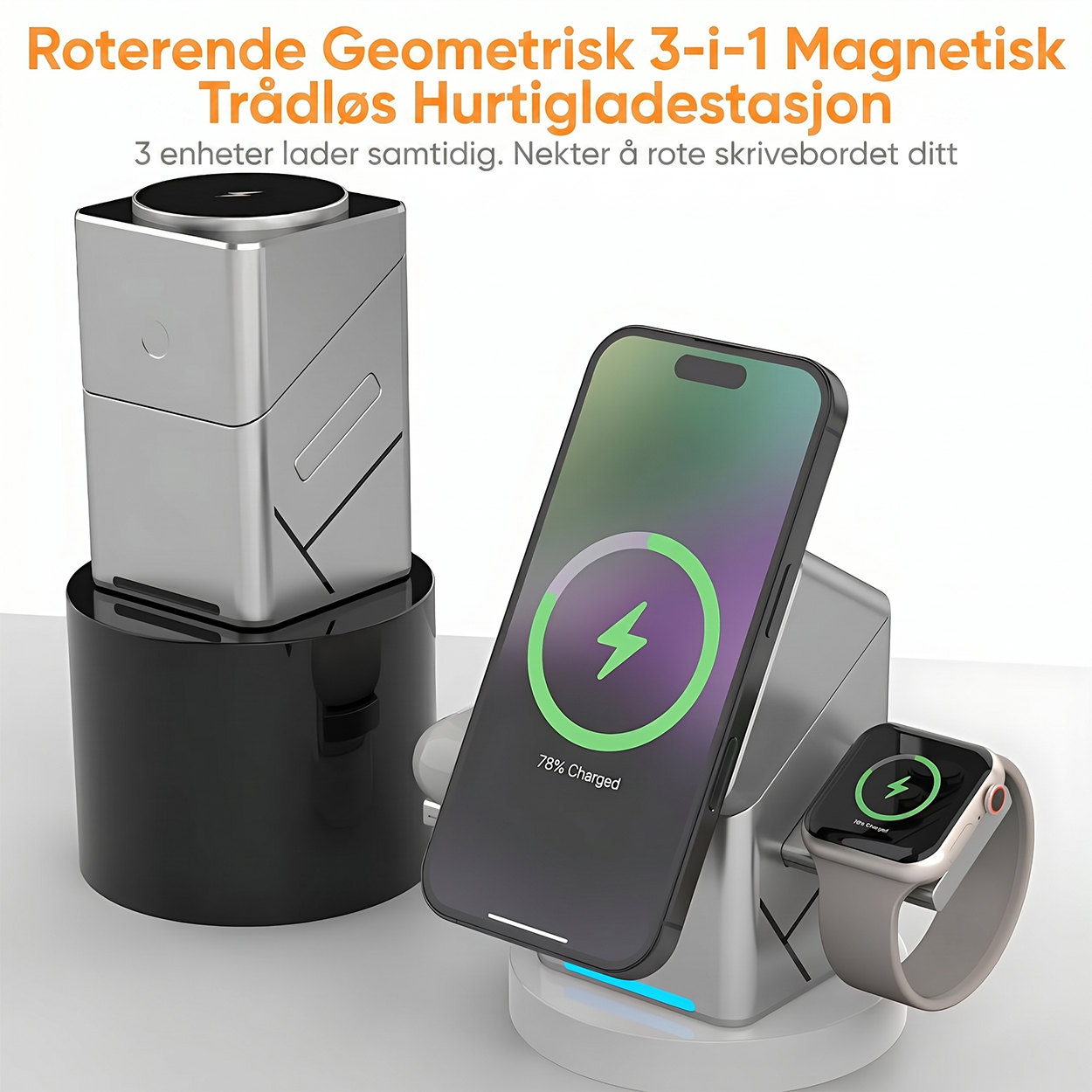 3-in-1 trådløs ladestasjon med 180° automatisk rotasjon