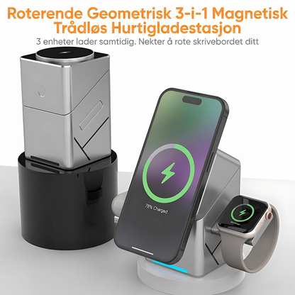 3-in-1 trådløs ladestasjon med 180° automatisk rotasjon