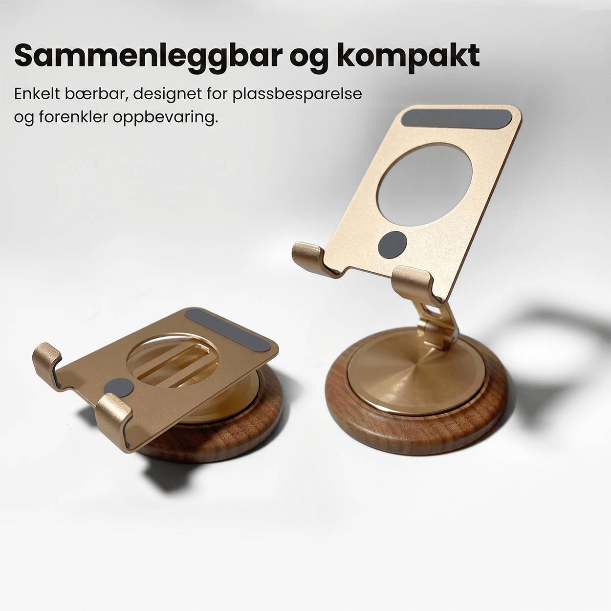 NOGJOYT 360° roterbart sammenleggbart skrivebordsstativ for telefon i valnøtttre