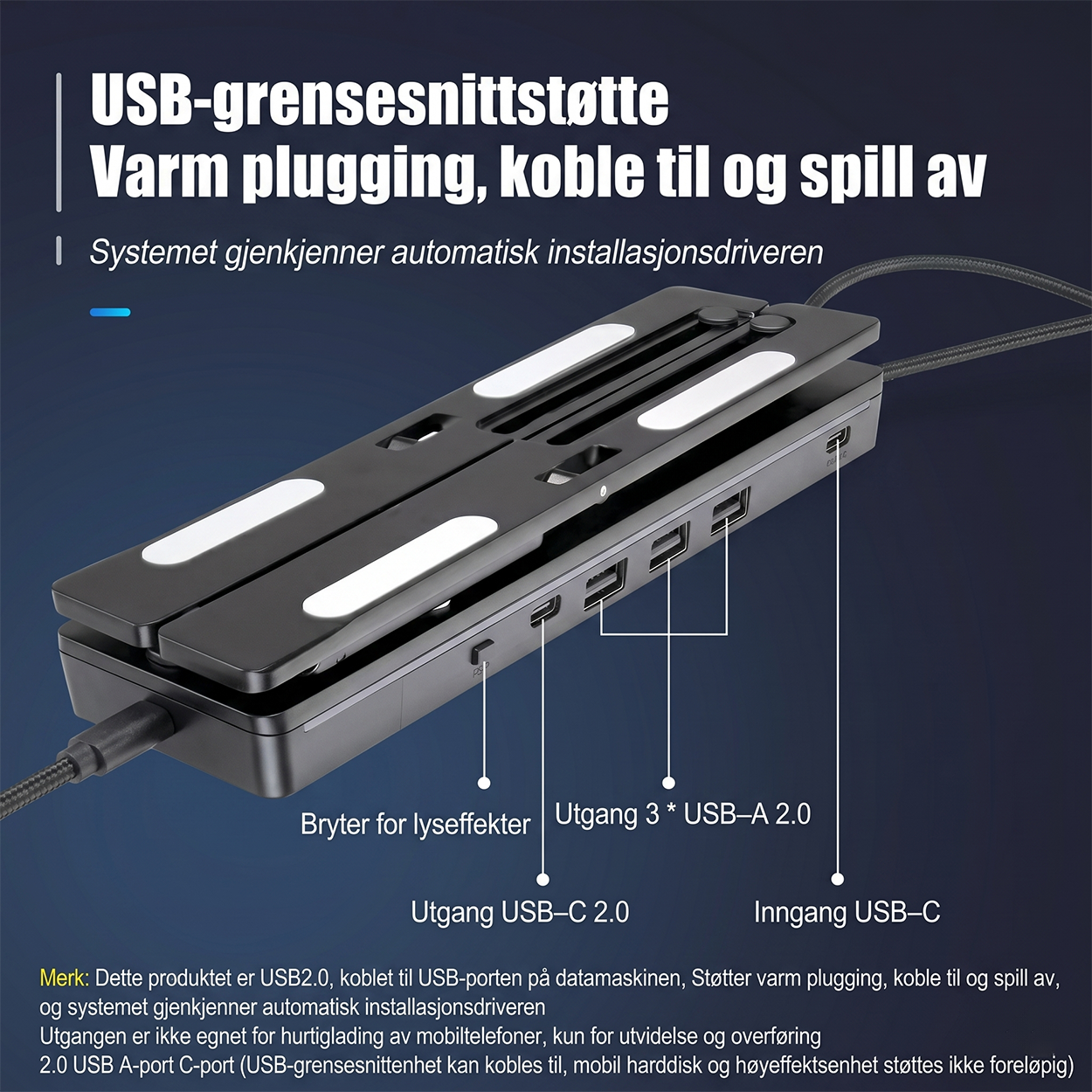 RGB Laptop Stand with USB Hub – Sammenleggbart aluminiumsstativ med 4-ports USB 2.0-hub og RGB-belysning