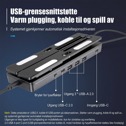 RGB Laptop Stand with USB Hub – Sammenleggbart aluminiumsstativ med 4-ports USB 2.0-hub og RGB-belysning