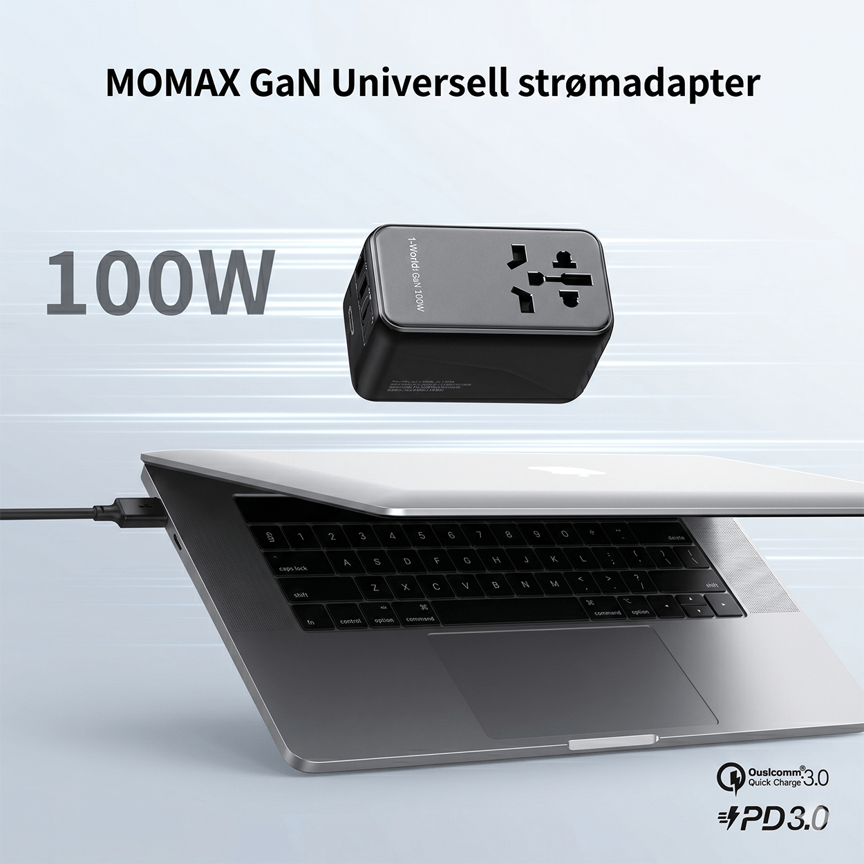 100W Universal Travel Adapter, 5-i-1 GaN internasjonal strømadapter
