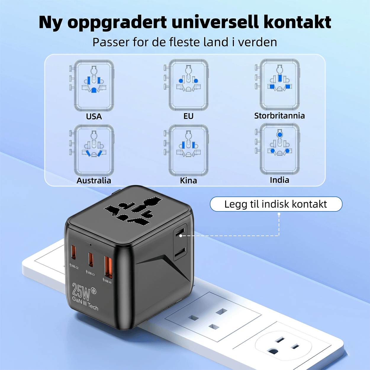 Universal Travel Plug Adapter 1005DC – 25W PD GaN Alt-i-ett universell reiseadapter