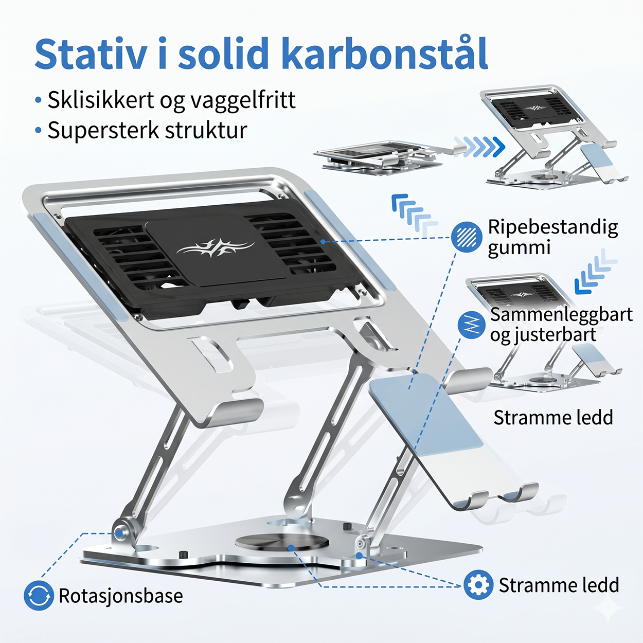 Bærebar kjølingsplate og stativ med termoelektrisk kjøler, 2-i-1 med telefonstativ, 360° roterbar base