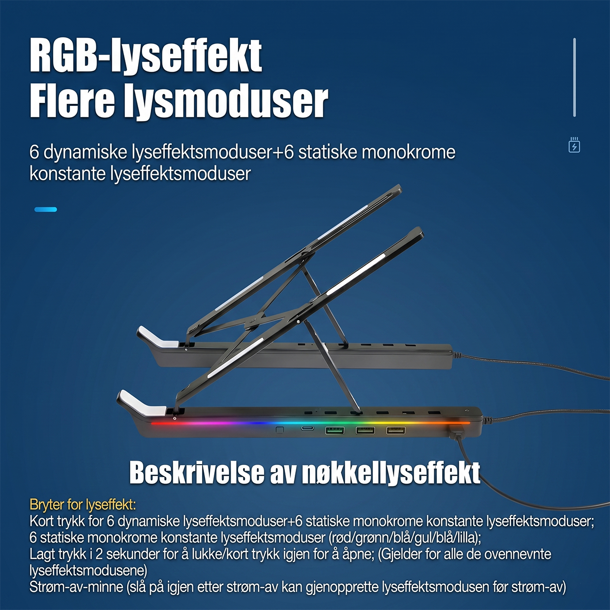 RGB Laptop Stand with USB Hub – Sammenleggbart aluminiumsstativ med 4-ports USB 2.0-hub og RGB-belysning