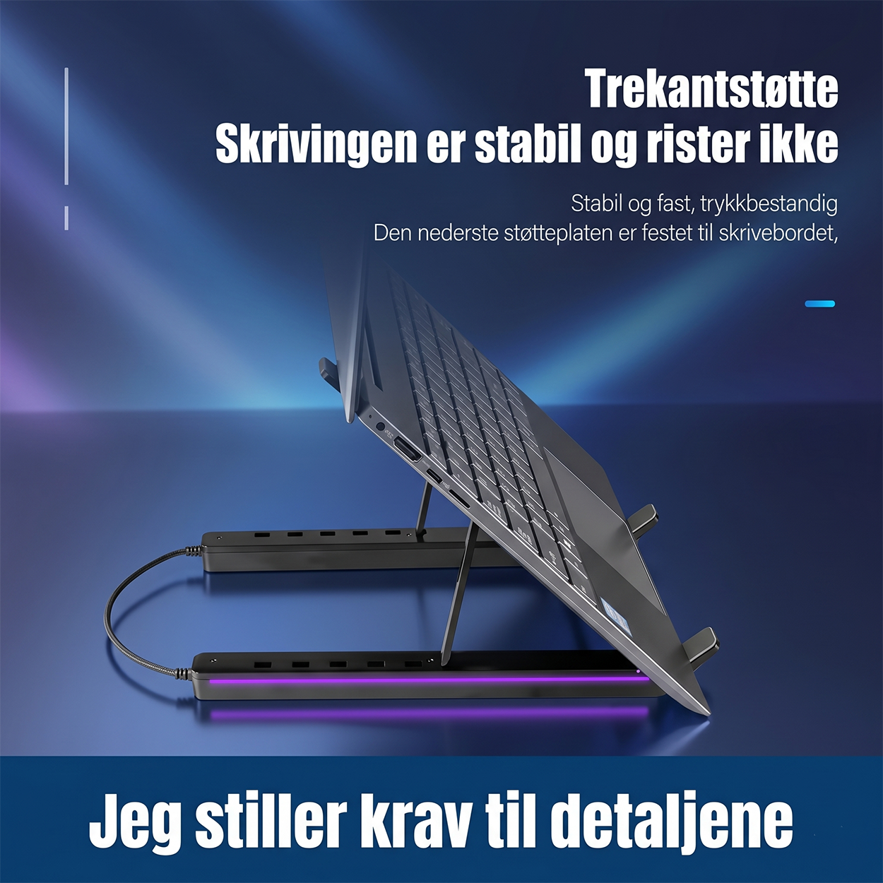 RGB Laptop Stand with USB Hub – Sammenleggbart aluminiumsstativ med 4-ports USB 2.0-hub og RGB-belysning