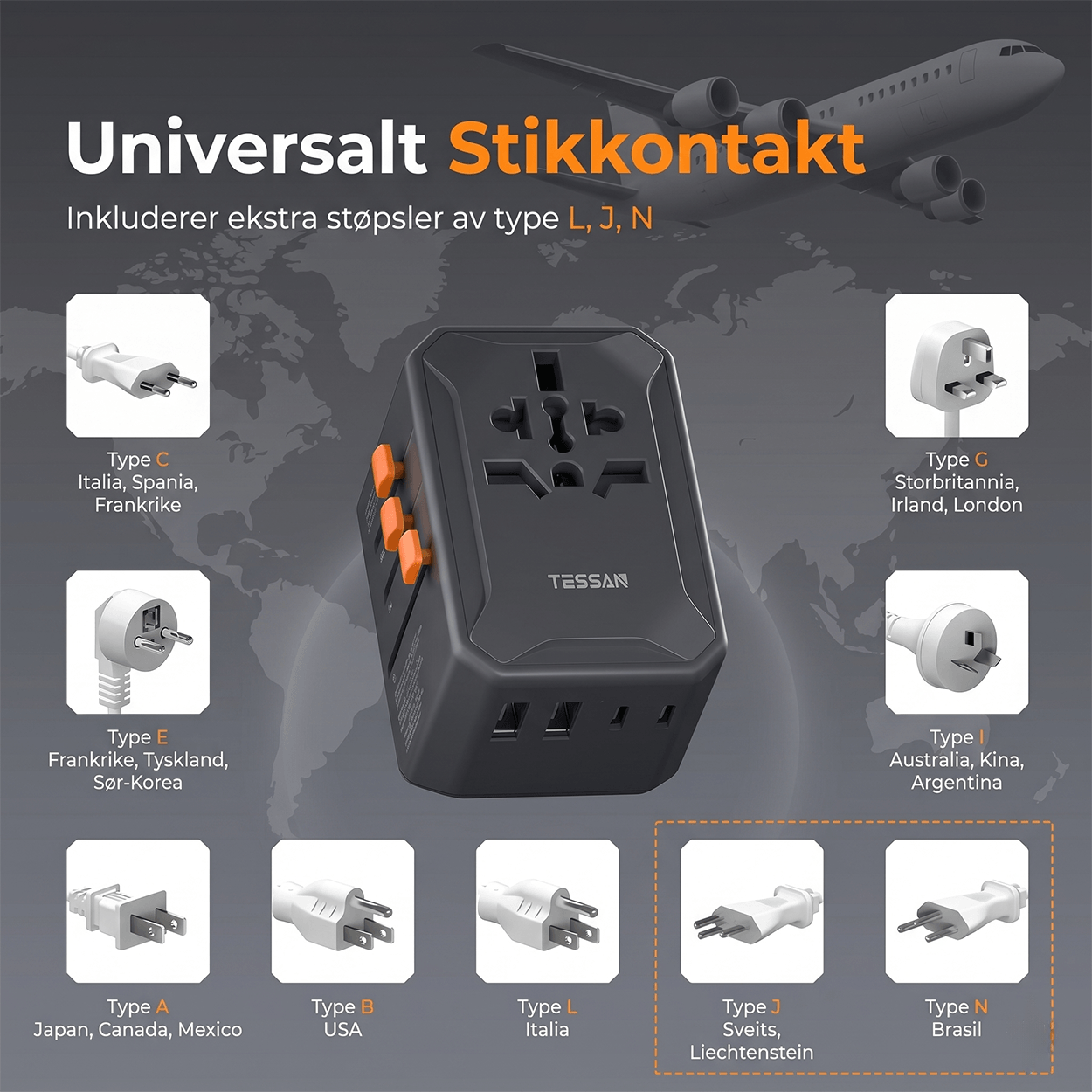 TESSAN WTA07 Universell reiseadapter