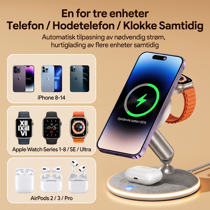 3-i-1 magnetisk trådløs ladestasjon