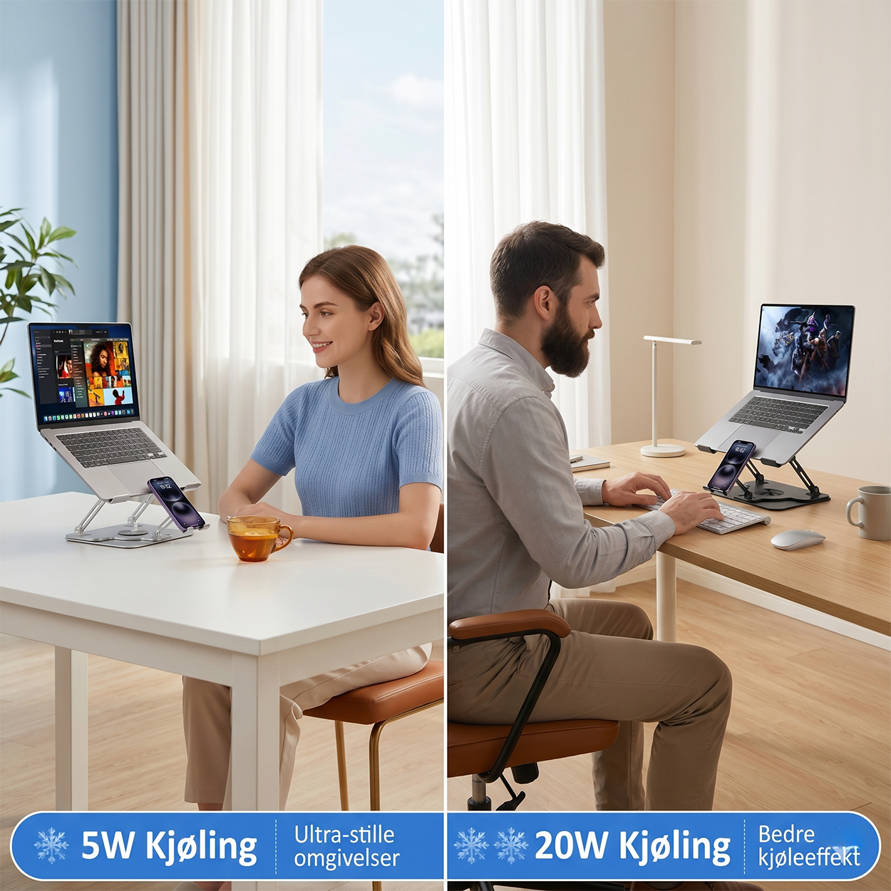 Bærebar kjølingsplate og stativ med termoelektrisk kjøler, 2-i-1 med telefonstativ, 360° roterbar base