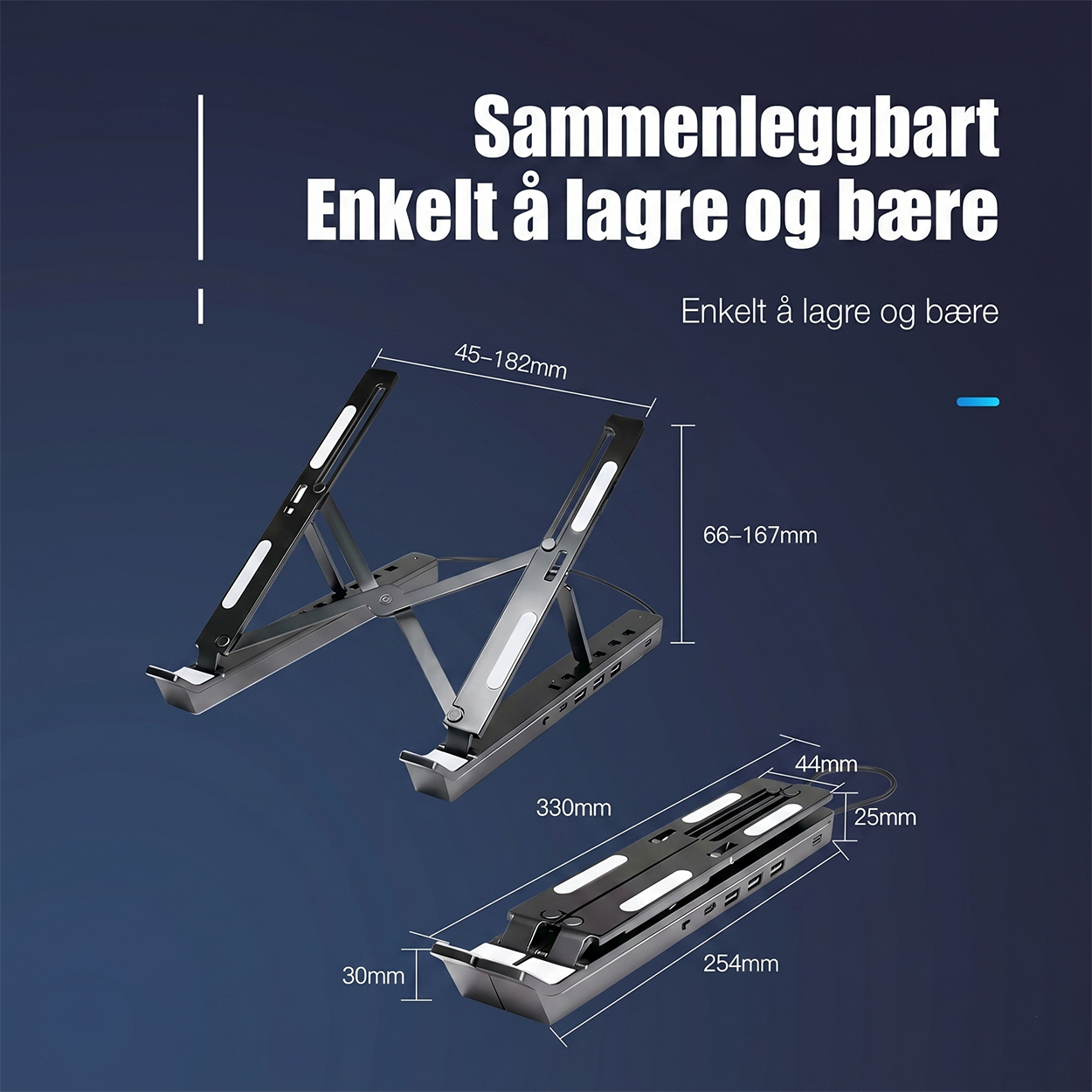 RGB Laptop Stand with USB Hub – Sammenleggbart aluminiumsstativ med 4-ports USB 2.0-hub og RGB-belysning
