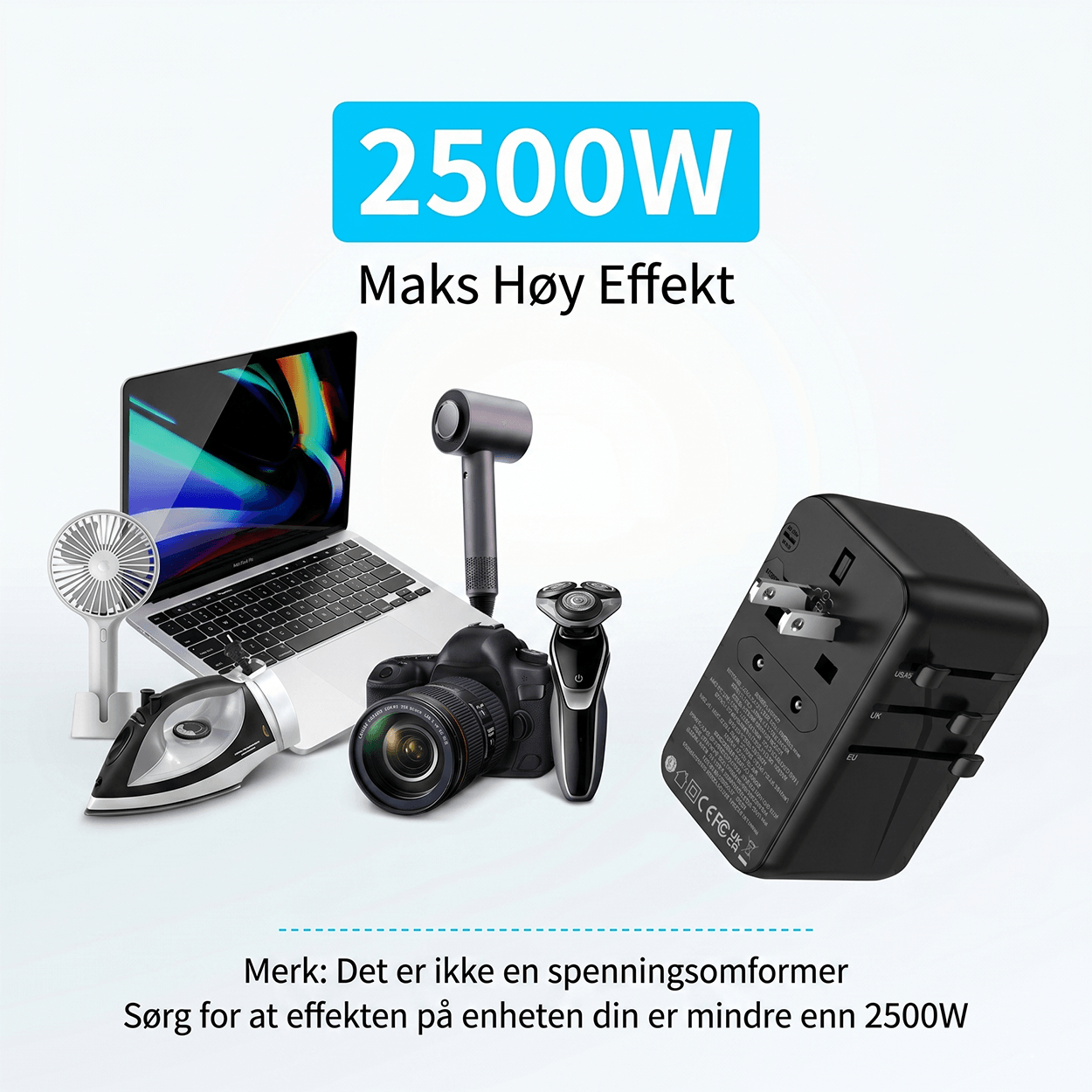 100W Universal Travel Adapter, 5-i-1 GaN internasjonal strømadapter
