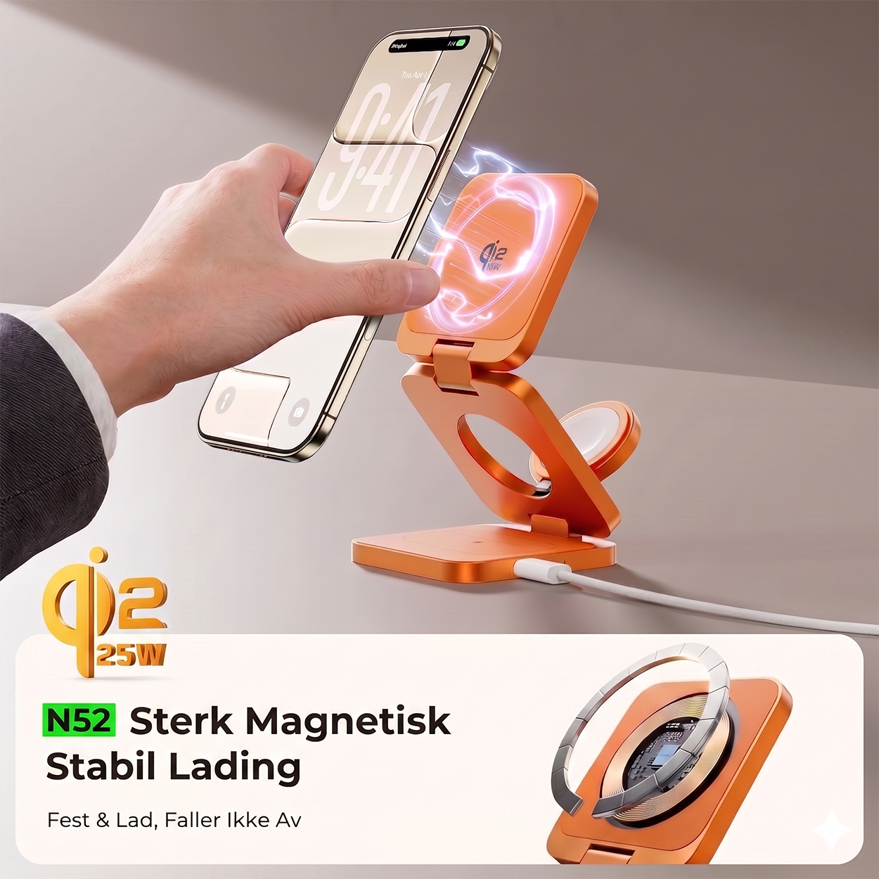 3-i-1 magnetisk trådløs ladestasjon