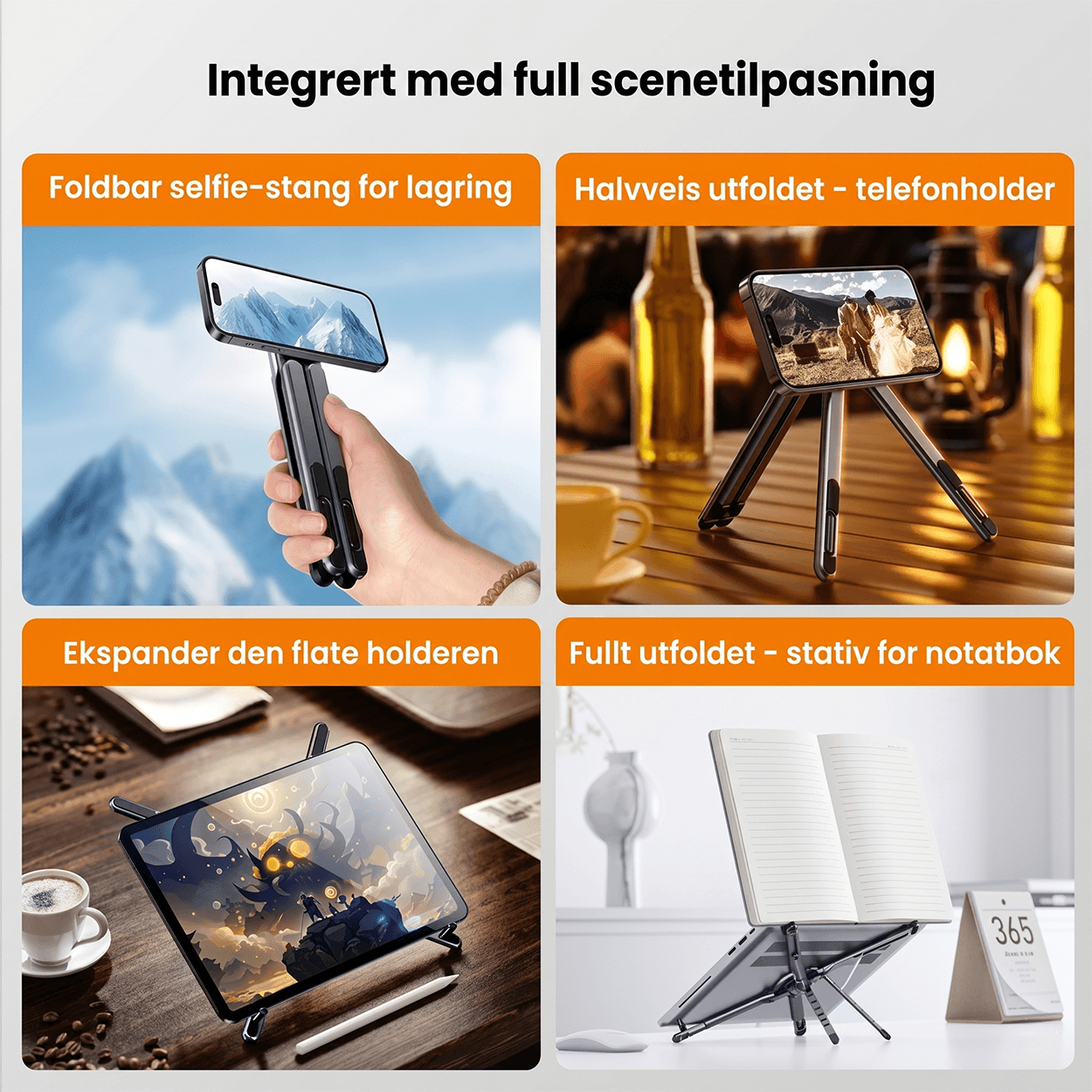 Sammenleggbart magnetisk stativ for telefon, nettbrett og laptop