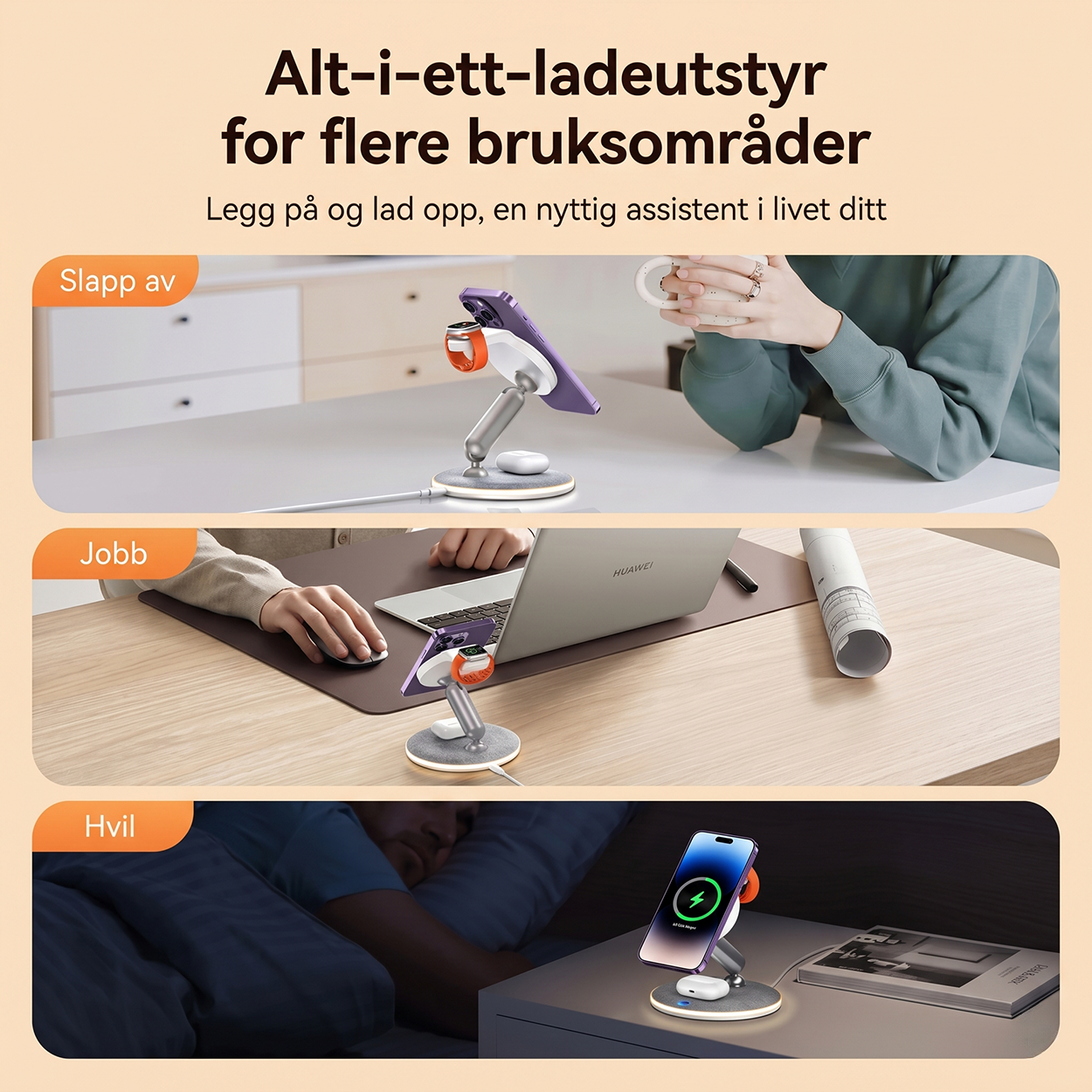 3-i-1 magnetisk trådløs ladestasjon