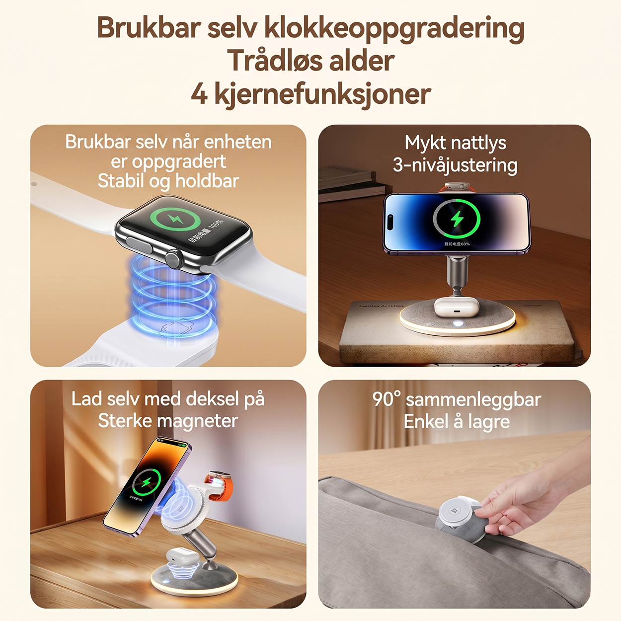 3-i-1 magnetisk trådløs ladestasjon