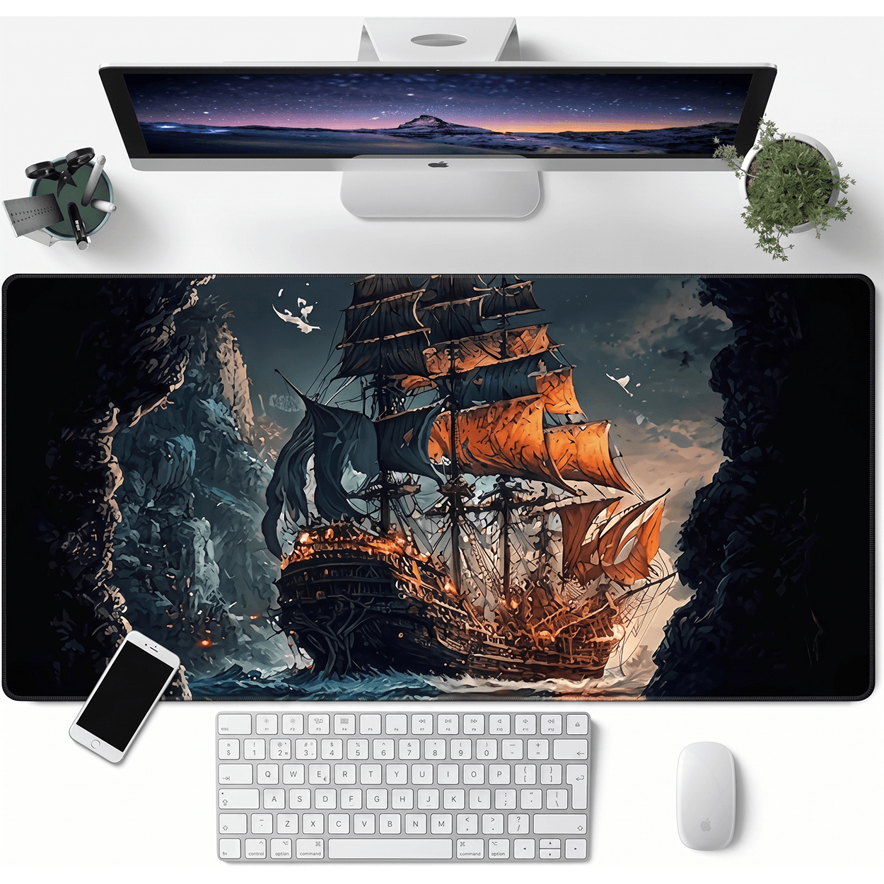 Pirate Ship Black Desk Mat - XXL utvidet spillmatte for mus